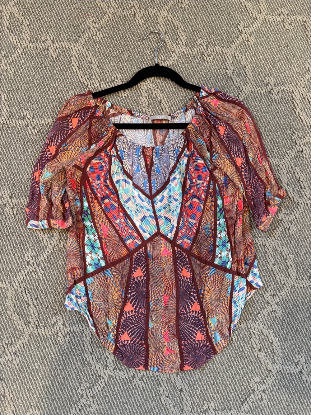 Tart Multicolor Geometric Patchwork Peasant Blouse - Maroon & Teal Accents
